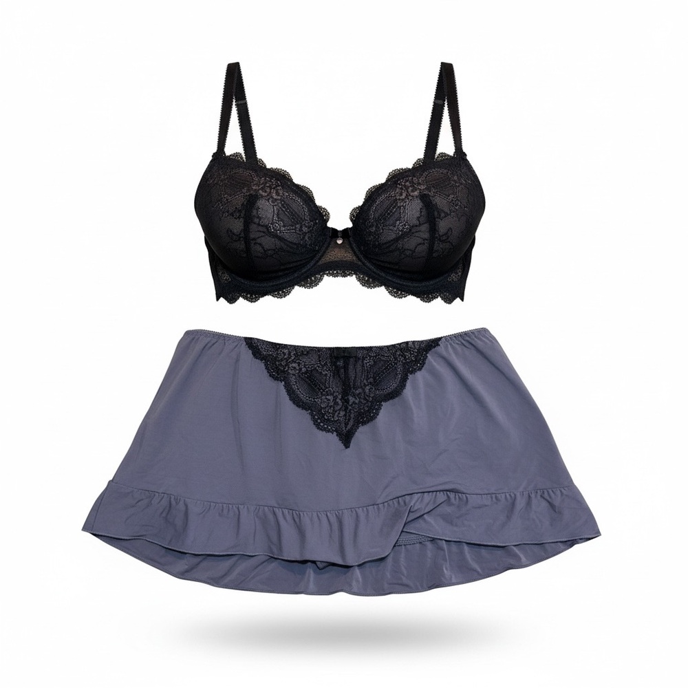 Felina black and gray lace bra thong skirt panties set size large